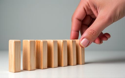 A line of dominoes being stopped from falling by a human hand, representing managed change.