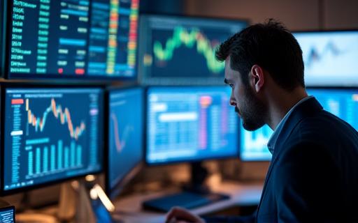 A financial analyst reviewing stock market data on multiple monitors.