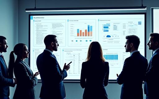 A group of executives collaborating around a whiteboard with strategy charts.